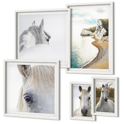 Conjunto de 5 quadros com moldura Cavalos praia natureza minimalismo