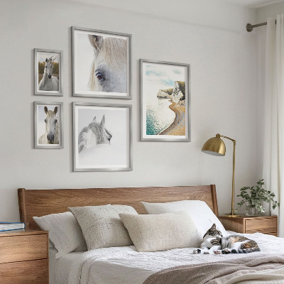 Conjunto de 5 quadros com moldura Cavalos praia natureza minimalismo