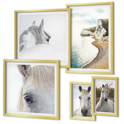 Conjunto de 5 quadros com moldura Cavalos praia natureza minimalismo