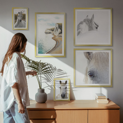 Conjunto de 5 quadros com moldura Cavalos praia natureza minimalismo