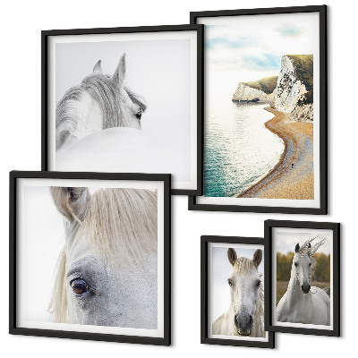 Conjunto de 5 quadros com moldura Cavalos praia natureza minimalismo