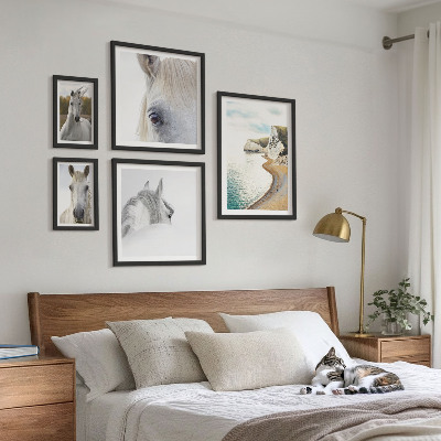 Conjunto de 5 quadros com moldura Cavalos praia natureza minimalismo