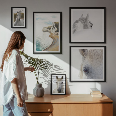 Conjunto de 5 quadros com moldura Cavalos praia natureza minimalismo