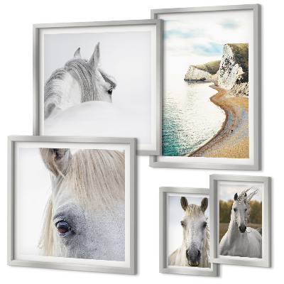 Conjunto de 5 quadros com moldura Cavalos praia natureza minimalismo