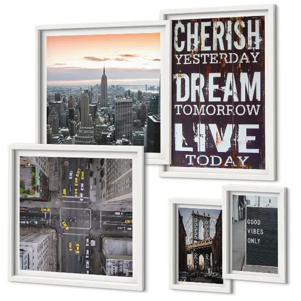Conjunto de 5 quadros decorativos de slogans inspiradores para cidades