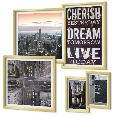 Conjunto de 5 quadros decorativos de slogans inspiradores para cidades