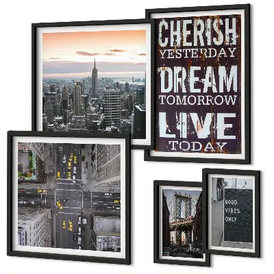 Conjunto de 5 quadros decorativos de slogans inspiradores para cidades