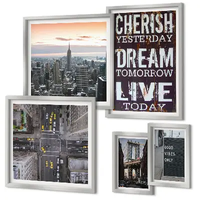 Conjunto de 5 quadros decorativos de slogans inspiradores para cidades