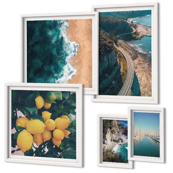 Conjunto de 5 quadros com moldura paisagens de praia cítricas