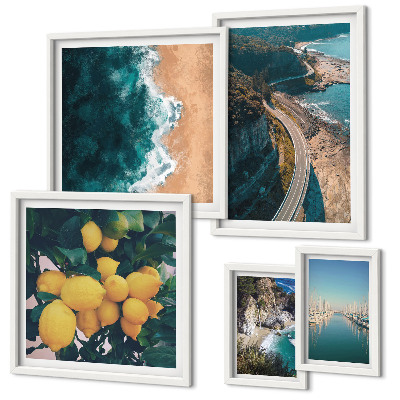 Conjunto de 5 quadros com moldura paisagens de praia cítricas