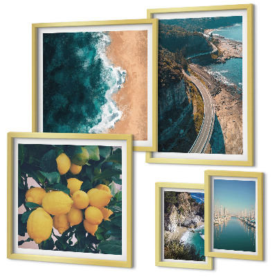 Conjunto de 5 quadros com moldura paisagens de praia cítricas