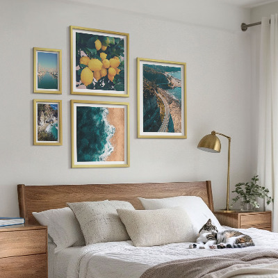 Conjunto de 5 quadros com moldura paisagens de praia cítricas