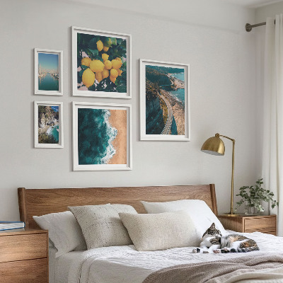 Conjunto de 5 quadros com moldura paisagens de praia cítricas