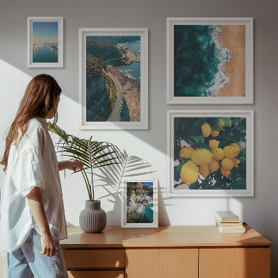 Conjunto de 5 quadros com moldura paisagens de praia cítricas