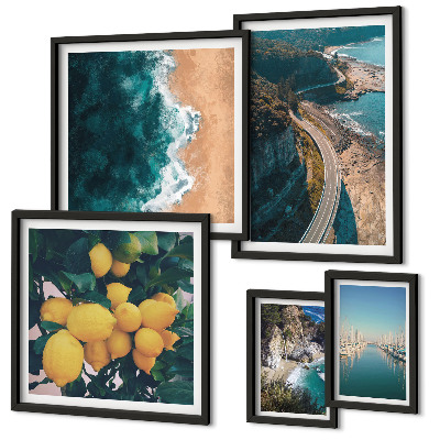 Conjunto de 5 quadros com moldura paisagens de praia cítricas