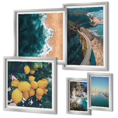 Conjunto de 5 quadros com moldura paisagens de praia cítricas