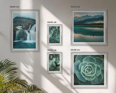 Galeria de parede com plantas verdes, cachoeiras e natureza