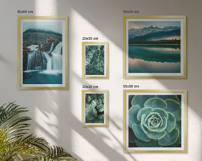 Galeria de parede com plantas verdes, cachoeiras e natureza
