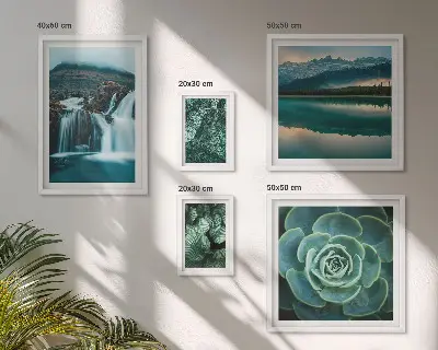 Galeria de parede com plantas verdes, cachoeiras e natureza
