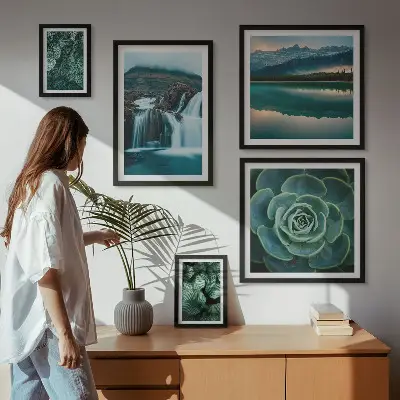 Galeria de parede com plantas verdes, cachoeiras e natureza