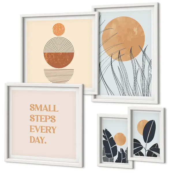 Conjunto de 5 quadros com moldura com estampas gráficas de plantas