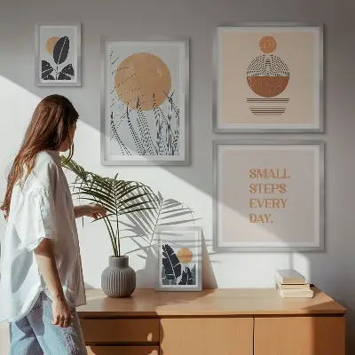 Conjunto de 5 quadros com moldura com estampas gráficas de plantas