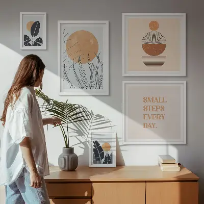Conjunto de 5 quadros com moldura com estampas gráficas de plantas