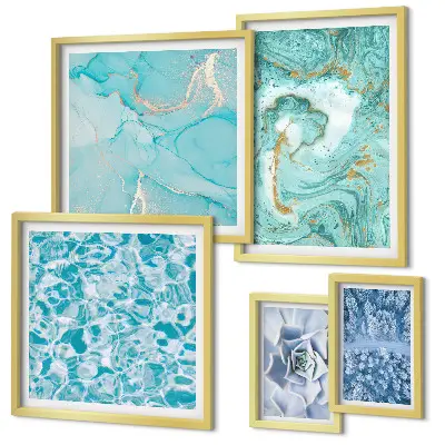 Conjunto de 5 quadros decorativos com elegantes detalhes em azul turquesa