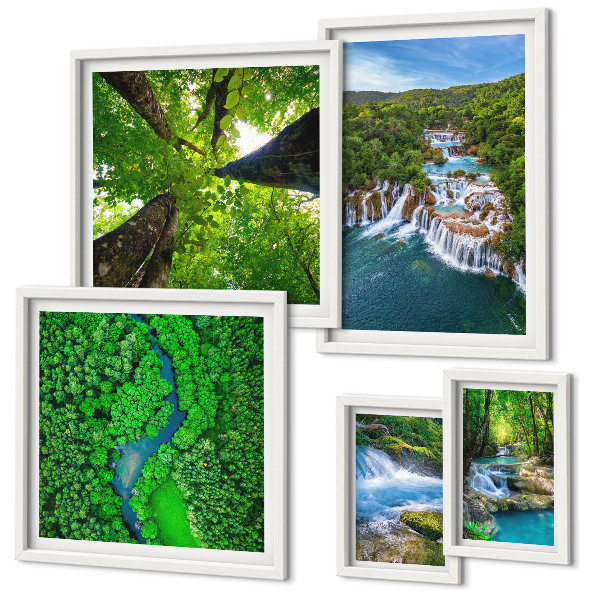 Conjunto de 5 quadros com moldura Cachoeiras paisagens verdes