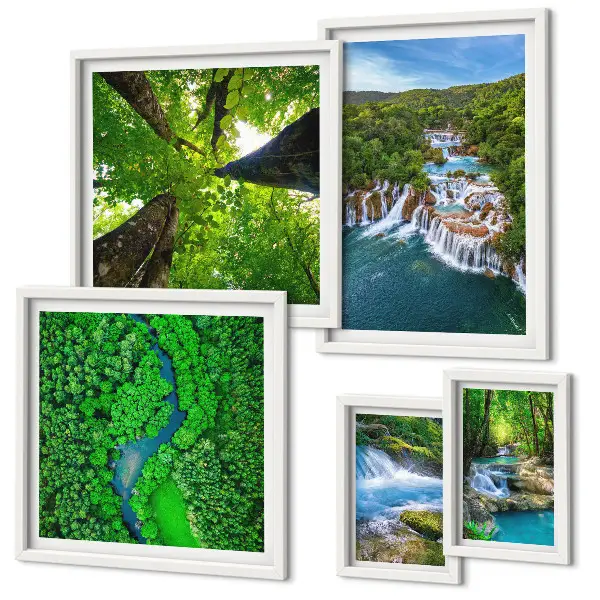 Conjunto de 5 quadros com moldura de paisagens com cachoeiras e vegetação verde