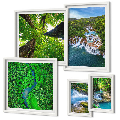 Conjunto de 5 quadros com moldura Cachoeiras paisagens verdes