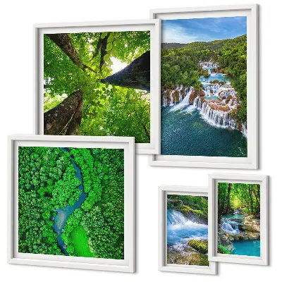 Conjunto de 5 quadros com moldura de paisagens com cachoeiras e vegetação verde