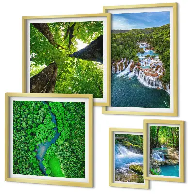 Conjunto de 5 quadros com moldura de paisagens com cachoeiras e vegetação verde