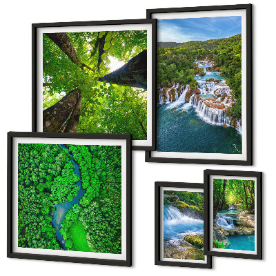 Conjunto de 5 quadros com moldura Cachoeiras paisagens verdes