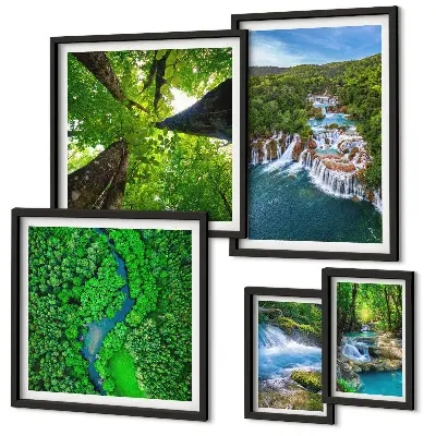 Conjunto de 5 quadros com moldura de paisagens com cachoeiras e vegetação verde
