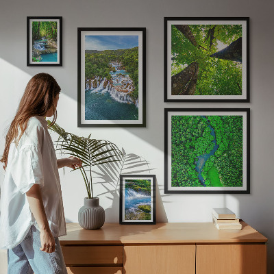 Conjunto de 5 quadros com moldura Cachoeiras paisagens verdes