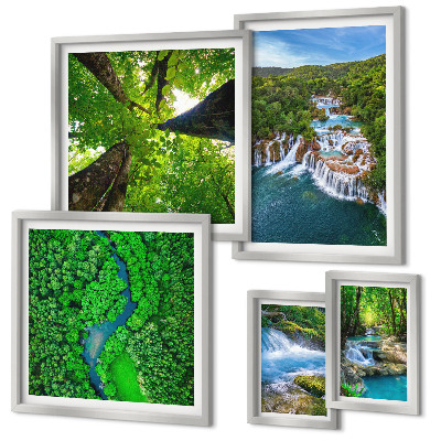 Conjunto de 5 quadros com moldura Cachoeiras paisagens verdes