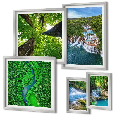 Conjunto de 5 quadros com moldura de paisagens com cachoeiras e vegetação verde