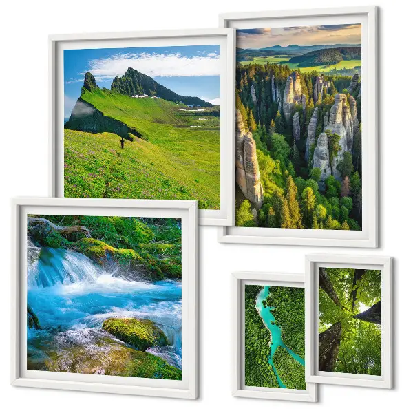 Conjunto de 5 quadros decorativos com paisagens de montanhas, rios e florestas