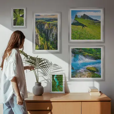 Conjunto de 5 quadros decorativos com paisagens de montanhas, rios e florestas