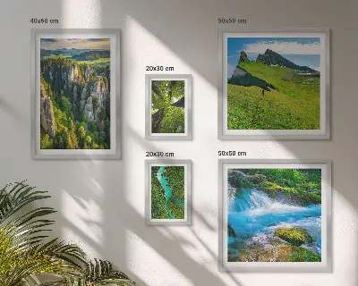 Conjunto de 5 quadros decorativos com paisagens de montanhas, rios e florestas