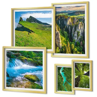 Conjunto de 5 quadros decorativos com paisagens de montanhas, rios e florestas