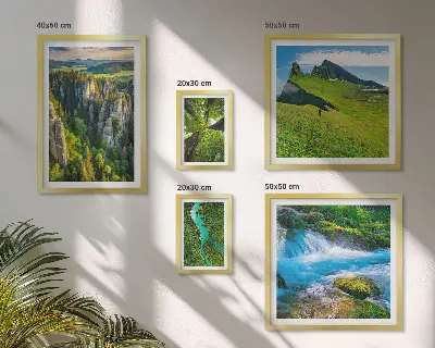 Conjunto de 5 quadros decorativos com paisagens de montanhas, rios e florestas