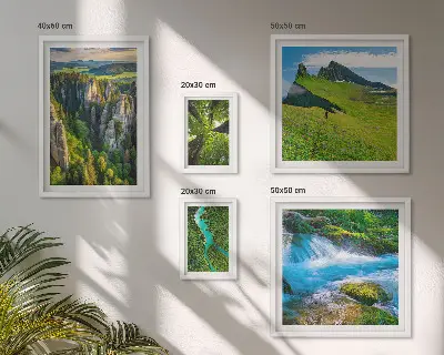 Conjunto de 5 quadros decorativos com paisagens de montanhas, rios e florestas