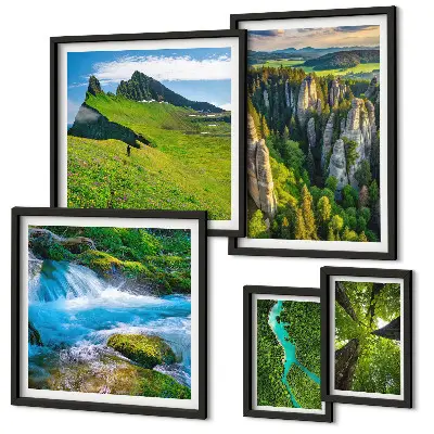 Conjunto de 5 quadros decorativos com paisagens de montanhas, rios e florestas