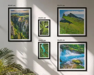 Conjunto de 5 quadros decorativos com paisagens de montanhas, rios e florestas