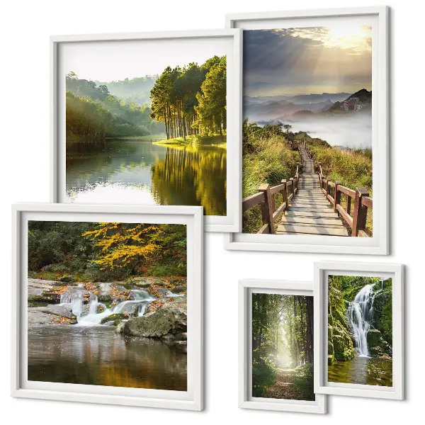 Conjunto de 5 quadros com moldura de paisagens naturais com cachoeiras e trilhas na floresta