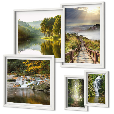 Conjunto de 5 quadros com moldura Paisagens naturais, cachoeiras, trilhas na floresta