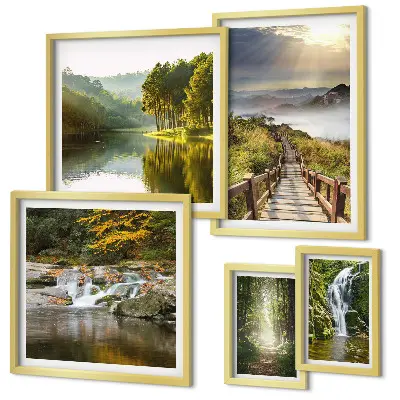 Conjunto de 5 quadros com moldura de paisagens naturais com cachoeiras e trilhas na floresta