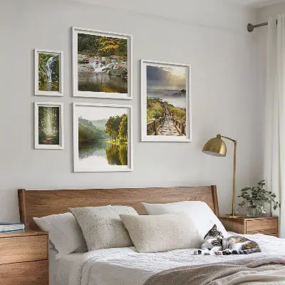 Conjunto de 5 quadros com moldura de paisagens naturais com cachoeiras e trilhas na floresta
